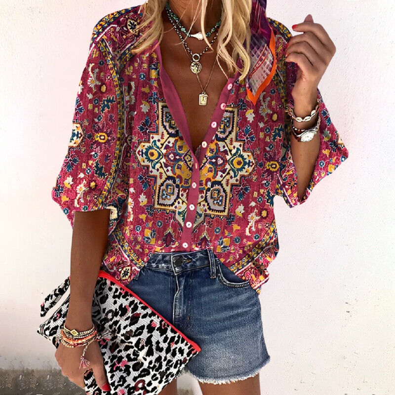 Camisa feminina de verão com estampa e manga curta