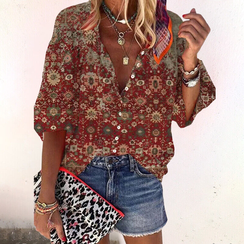 Camisa feminina de verão com estampa e manga curta